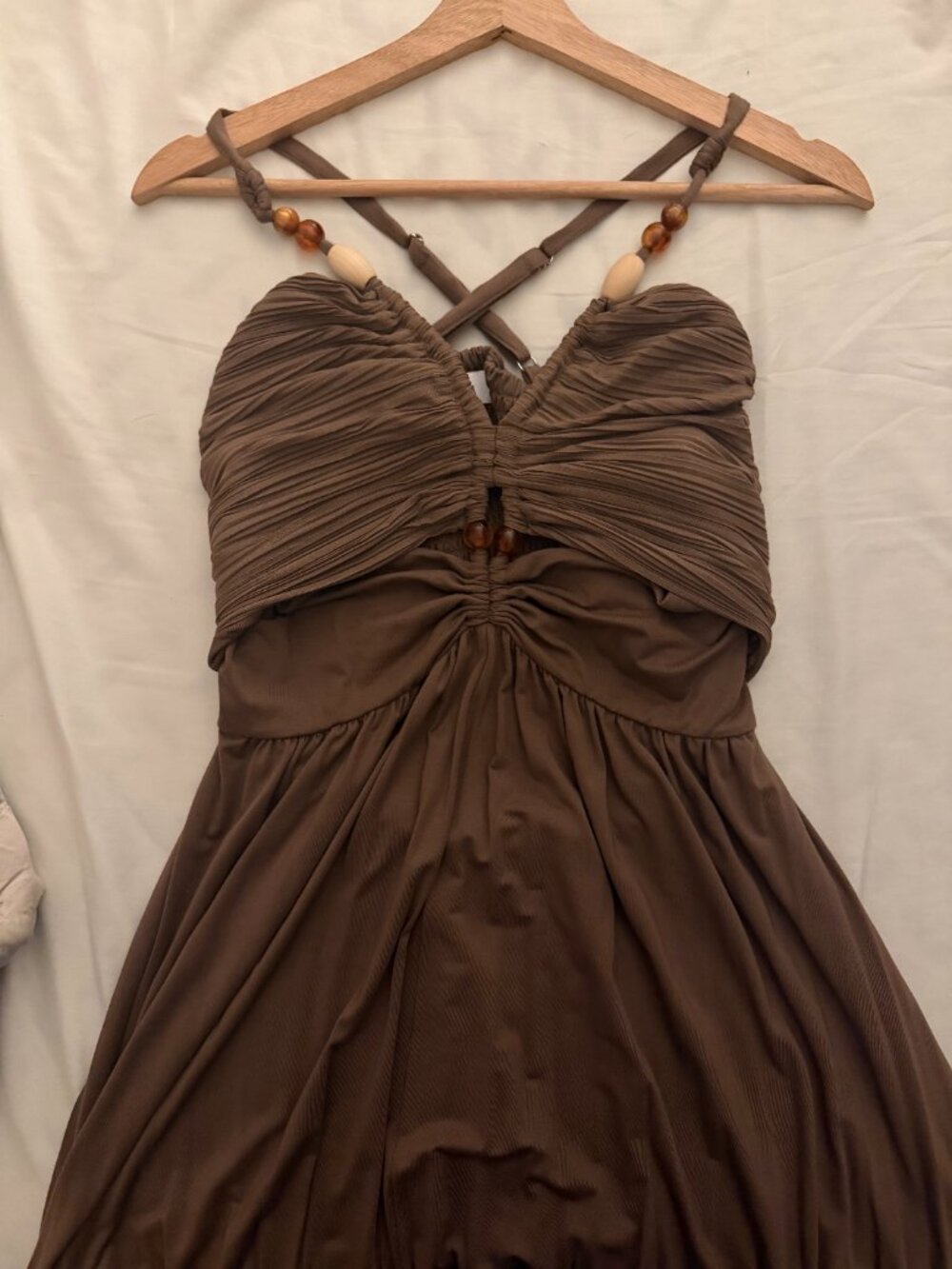 Reiss Eloise dress - Jersey Bead-Detail Ruched Maxi Dress in Taupe Brown sz 8 - Picture 6 of 6
